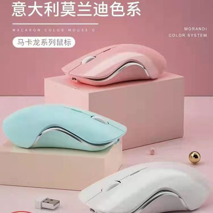 Clickwave Dual Mode Wireless Mouse in pink, mint and white on pastel blocks with a USB receiver
