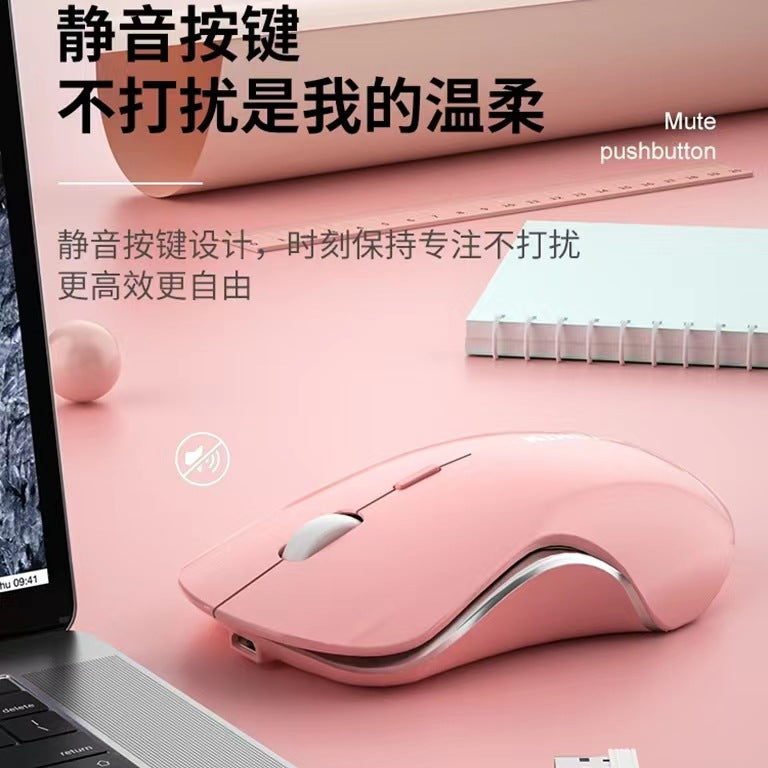 Clickwave – Pink wireless mouse beside a laptop and notebook, with a mute button icon and Chinese text