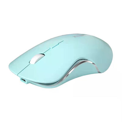 Clickwave – Side view of a mint green wireless mouse with a white scroll wheel and USB-C charging port