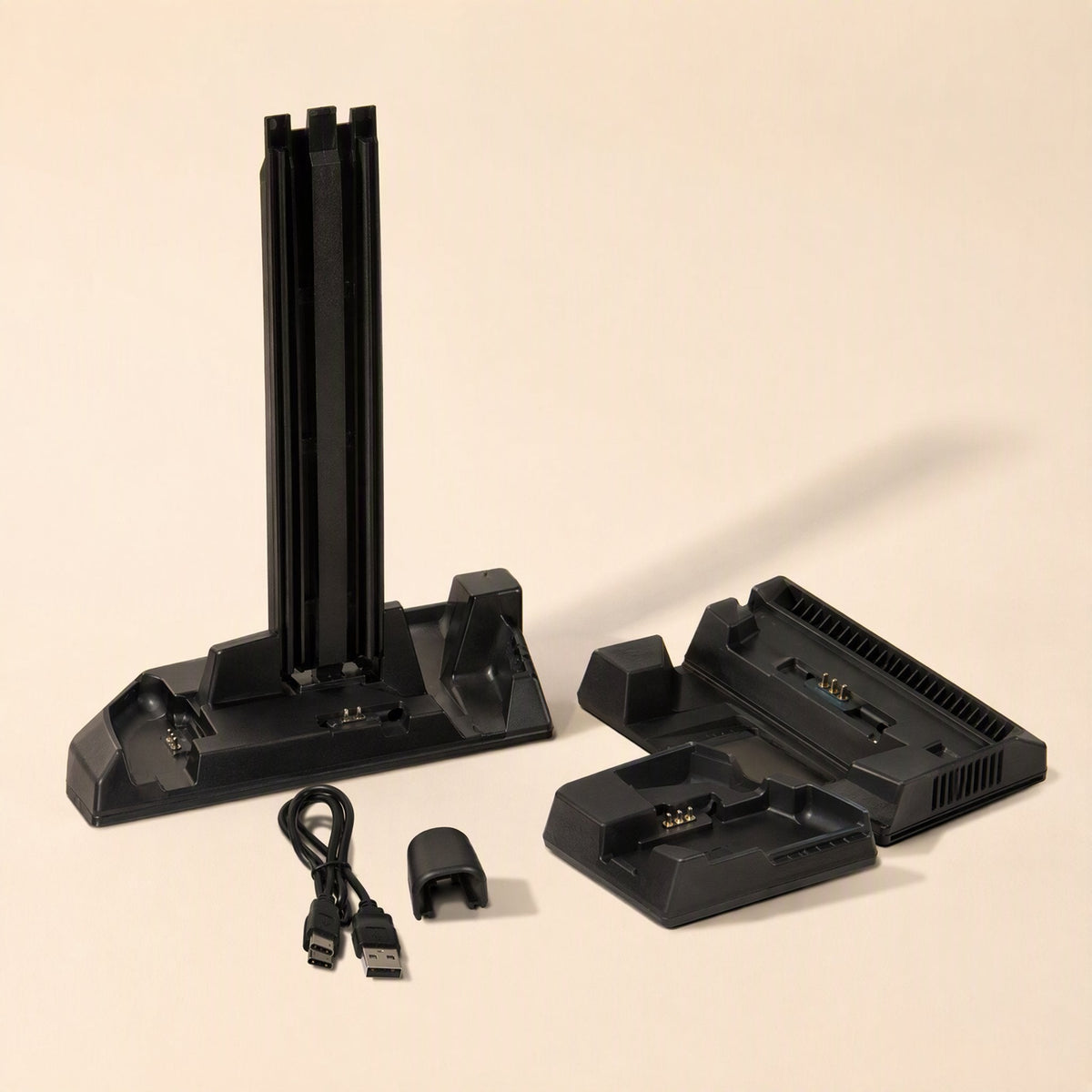 Ventstand PS4 Cooling Storage Bracket disassembled, with vertical stand, base, USB cable and clip on beige