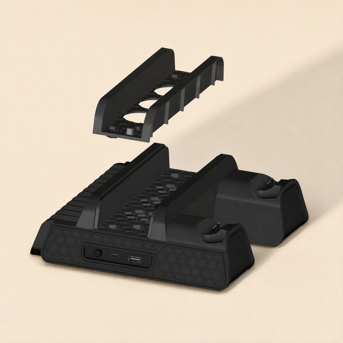 Ventstand – Black stand base with fan vents, power button and USB ports, with removable disc rack lifted above
