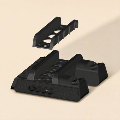 Ventstand – Black stand base with fan vents, power button and USB ports, with removable disc rack lifted above