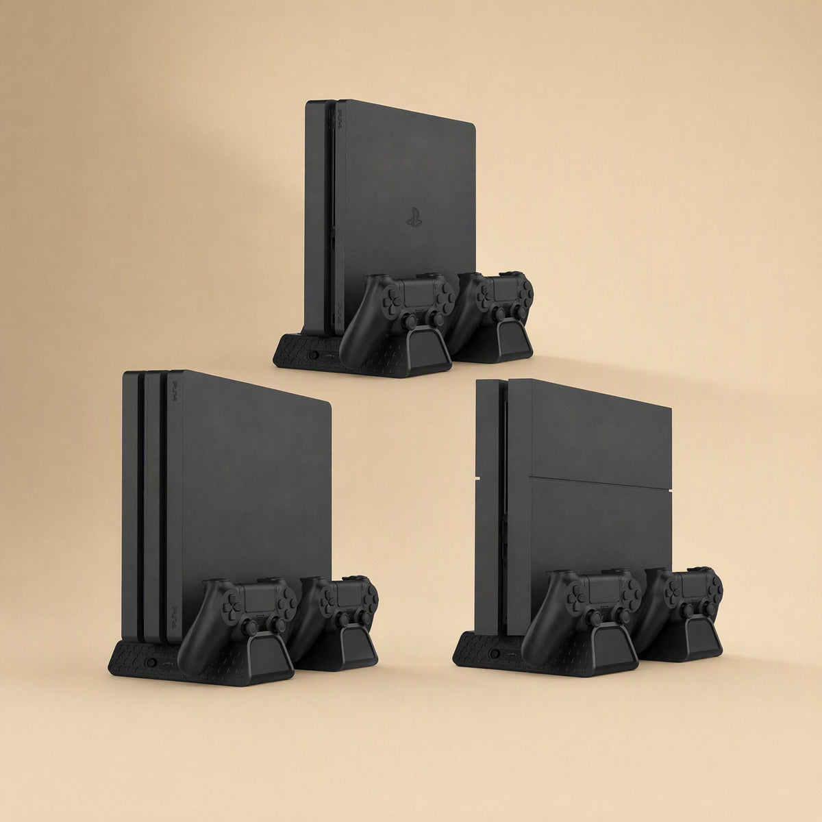 Ventstand – Three PS4 consoles standing upright on the brackets, each with two controllers docked for charging