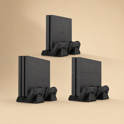 Ventstand – Three PS4 consoles standing upright on the brackets, each with two controllers docked for charging