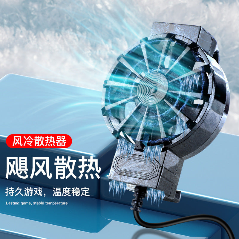 Coolclip – Black clip-on phone cooling fan with blue-lit blades, USB cable below, frosty blue background