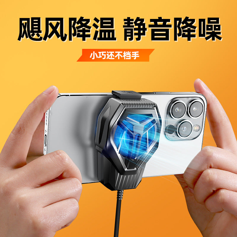 Coolclip – Hands holding a smartphone in landscape grip with the cooling fan clipped to its back, orange background
