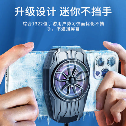 Coolclip – Small round cooling fan clipped to the back of a phone held by two hands, covered in frost, blue background