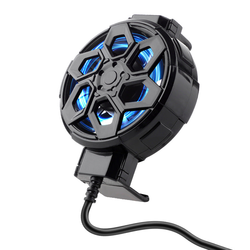 Coolclip – Black round phone cooling fan with hexagonal grille and blue light, cable curving down, white background