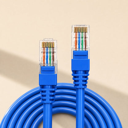 Linkpath CAT5e Network Cable in blue, two RJ-45 plugs and coiled cable on a beige background