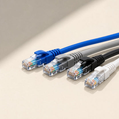 Linkpath CAT5e Network Cable – four network cables in blue, gray, black and white with clear RJ-45 plugs lined up at an angle