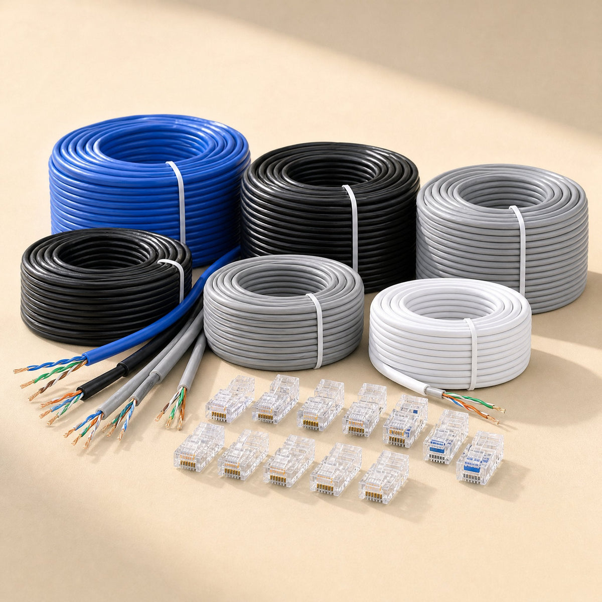 Linkpath – Bulk spools of blue, black, gray and white cable with loose wire ends and a set of clear RJ-45 connectors