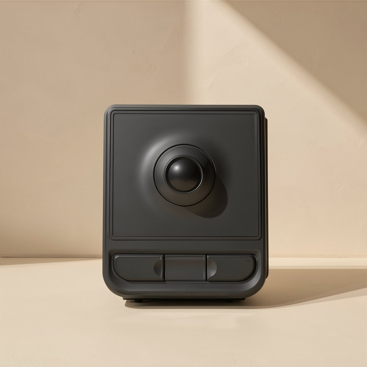 Twinorbit Double-Ring Trackball Mouse in black, front view with a central ball and three buttons below