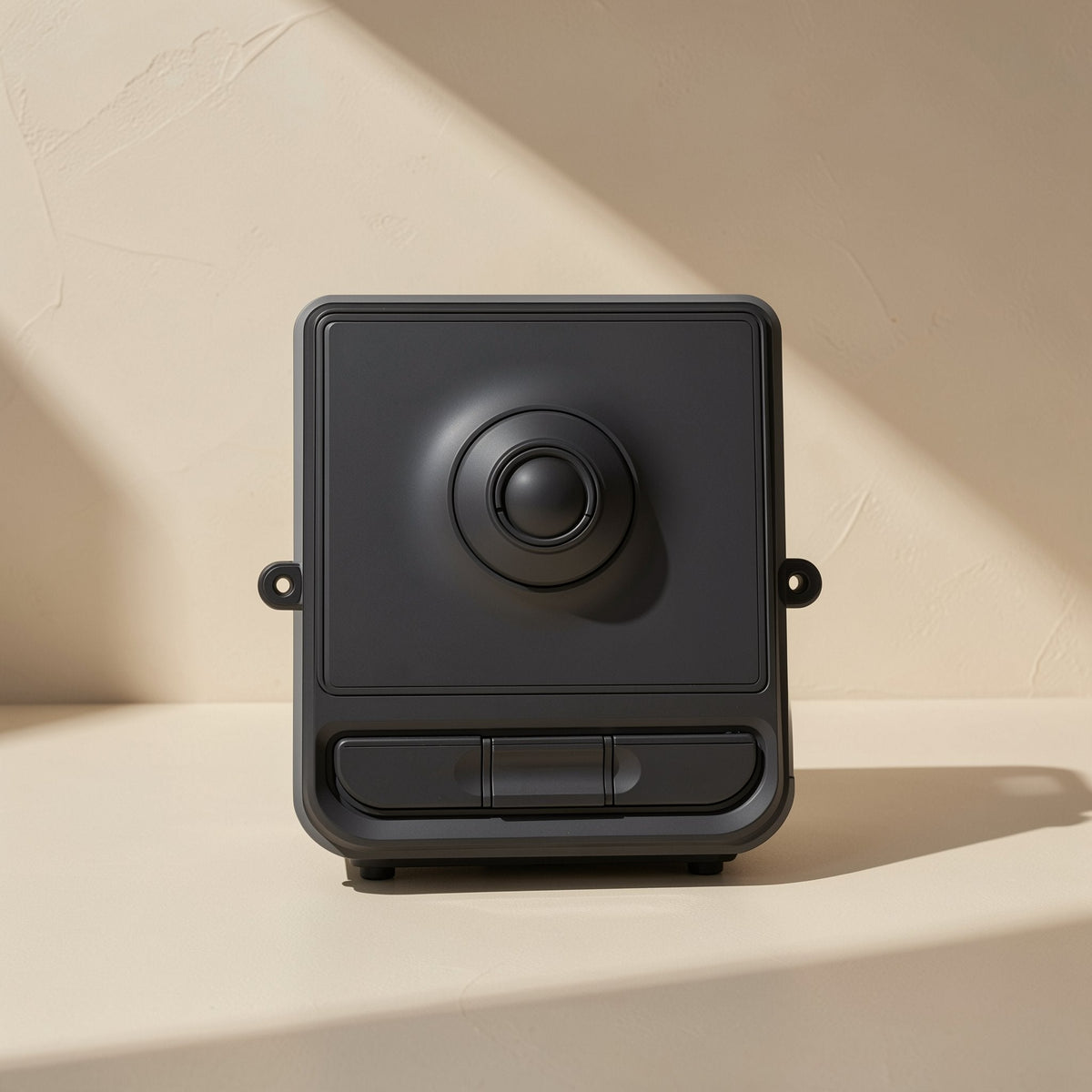 Twinorbit – Black trackball mouse with ring around the ball and small side mounting loops, shown against a beige wall