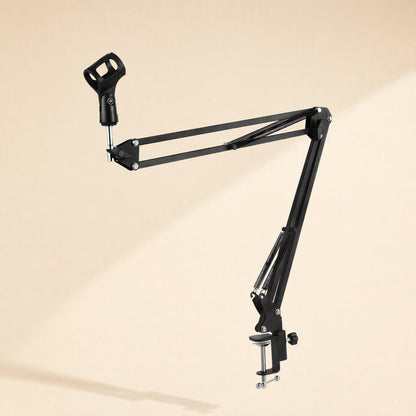 Streamreach Live Broadcast Cantilever Bracket in black, extended with a microphone clip on a beige backdrop