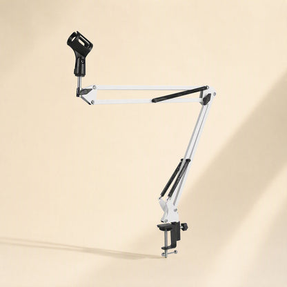 Streamreach – White boom arm with microphone clip, fully extended and clamped to a tabletop edge