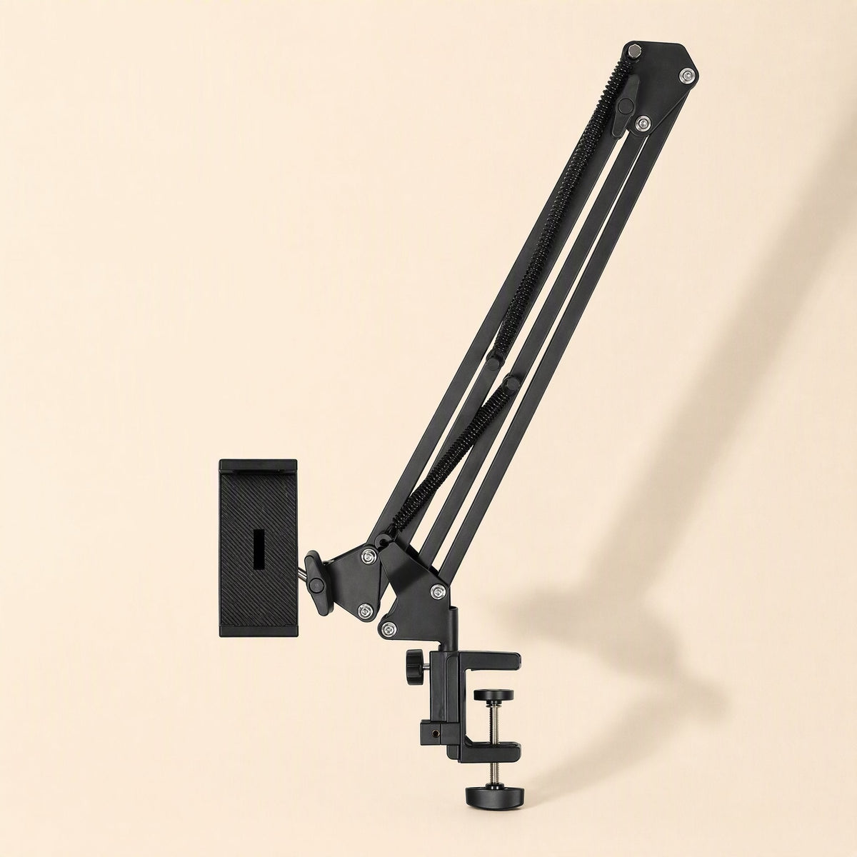 Streamreach – Black arm with a phone holder attached, shown from the side with the clamp and spring detail