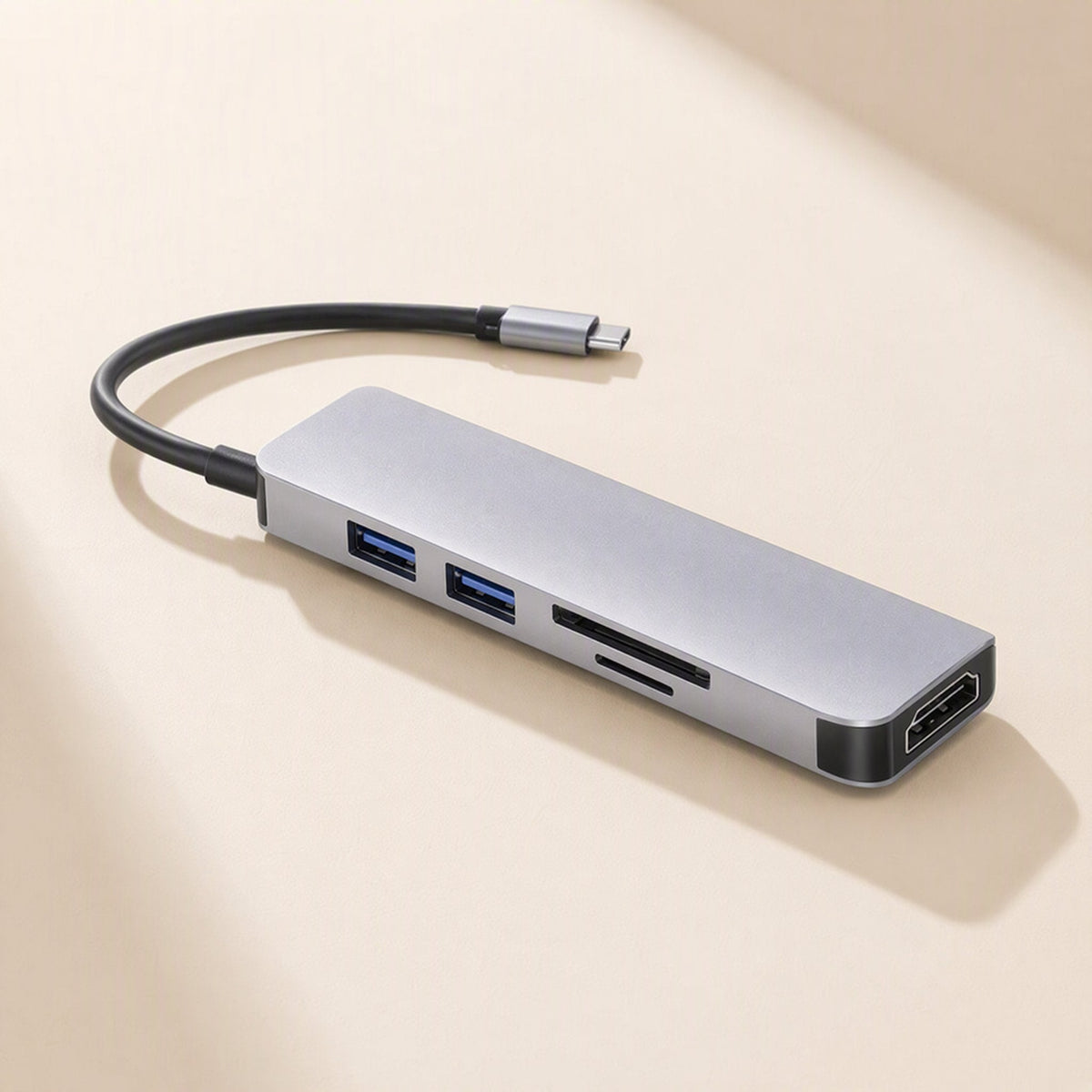 Dockarray – Angled view of the grey hub with two USB-A ports, SD and microSD slots and an HDMI port at the end