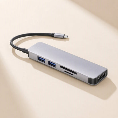 Dockarray – Angled view of the grey hub with two USB-A ports, SD and microSD slots and an HDMI port at the end