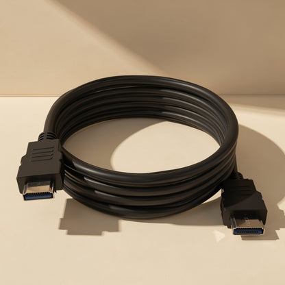 Linkcord – Black HDMI cable coiled flat on a cream surface with both connectors visible and a cast shadow