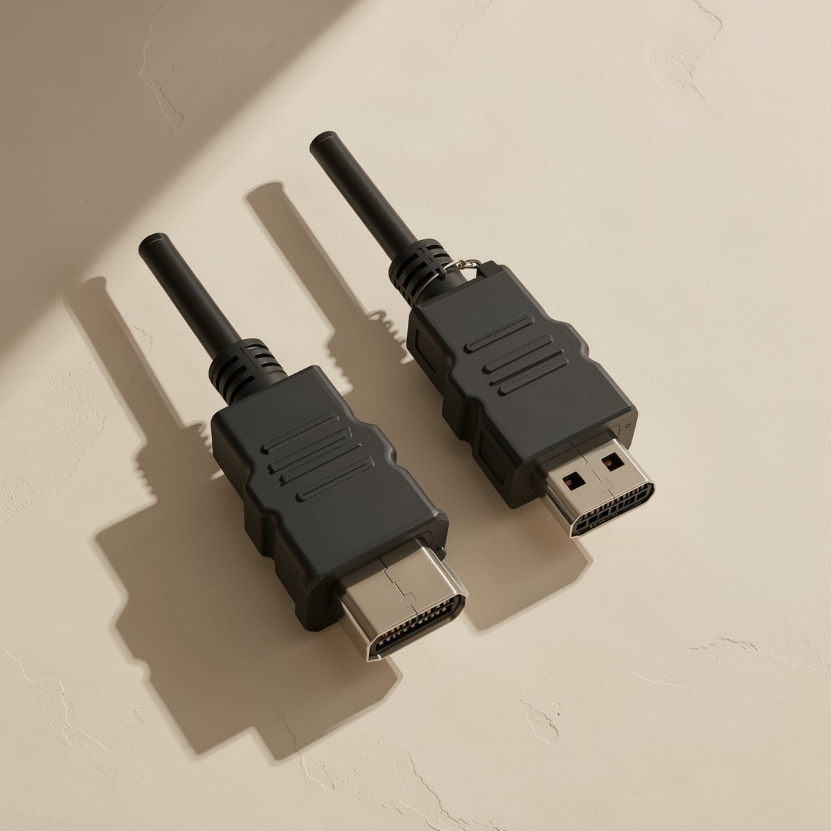 Linkcord – Close view of both HDMI connectors side by side, showing ribbed grips and metal plugs