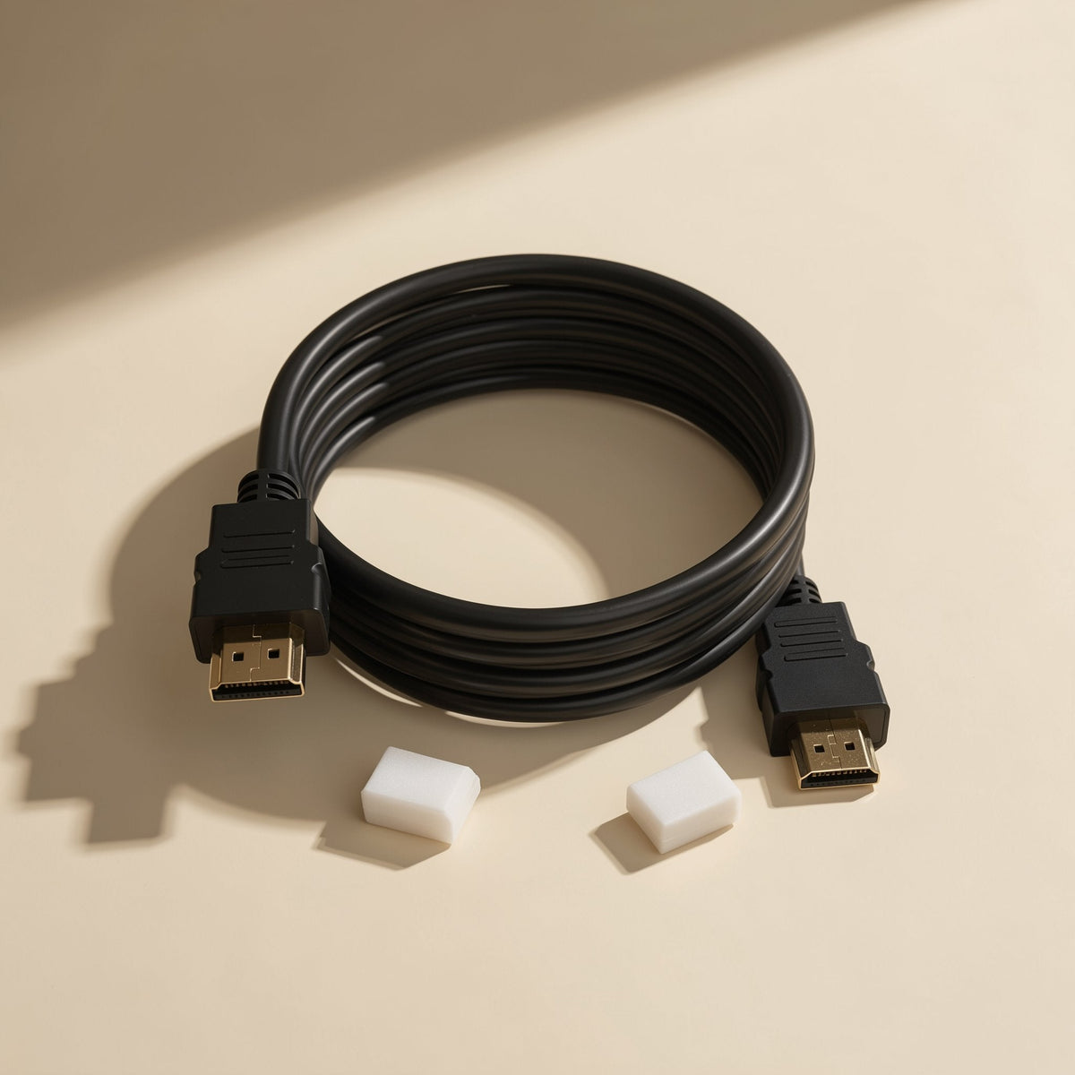 Linkcord – Coiled black HDMI cable with gold-plated connectors and two white protective caps in front