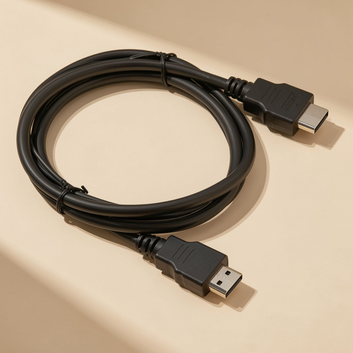 Linkcord – Black HDMI cable looped in a wide circle, tied with small black ties, connectors at opposite ends