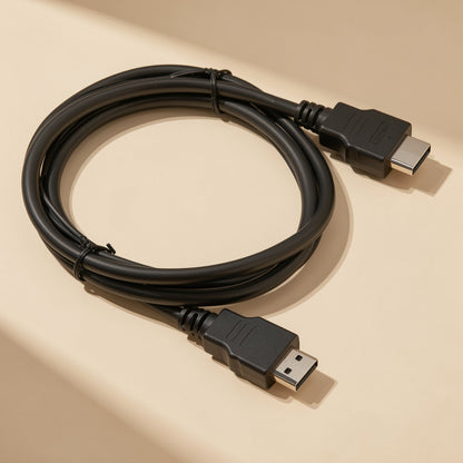 Linkcord – Black HDMI cable looped in a wide circle, tied with small black ties, connectors at opposite ends