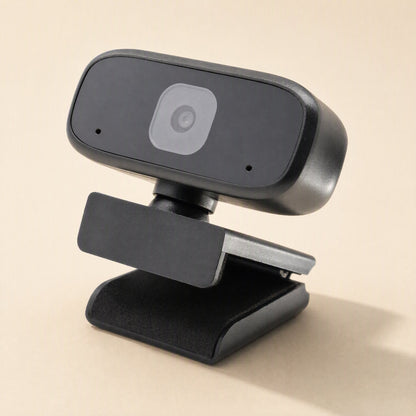 Voiceview – Webcam's lens and two microphone holes shown from above on its folding clip base