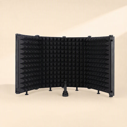 Soundcove – Front view of the three-panel foam shield opened in a curve with a microphone mount clip in the center
