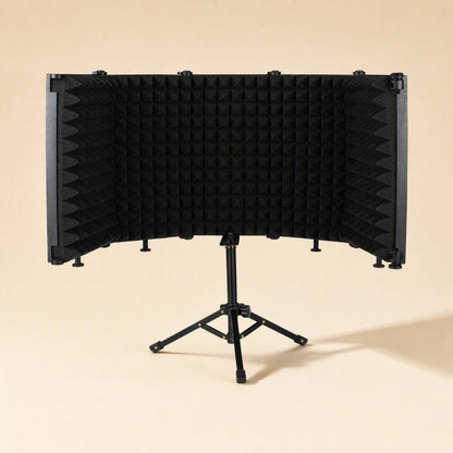 Soundcove – Foam-lined folding shield on a short black tripod stand, seen from the front against a beige backdrop