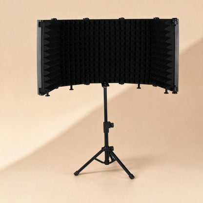 Soundcove – Tabletop tripod holding the black foam isolation shield, shown with panels curved and legs spread wide