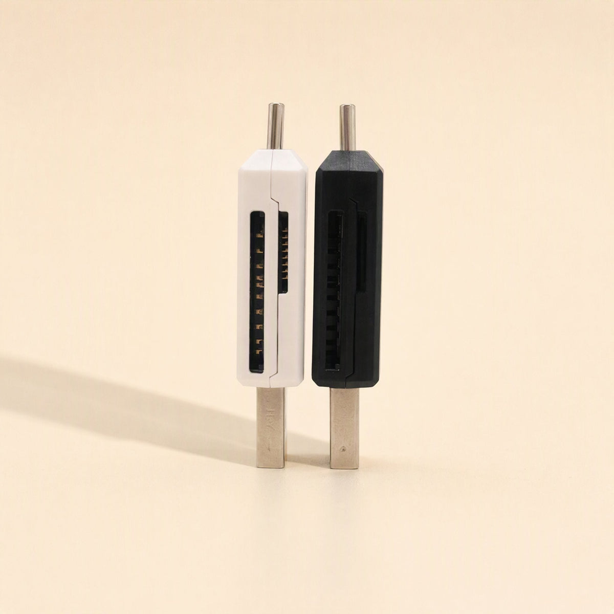 Slotbridge Type-C SD TF Card Reader – white and black card readers standing upright, side view showing SD and TF card slots