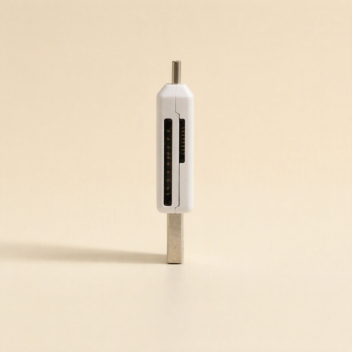 Slotbridge Type-C SD TF Card Reader – white reader upright from the side, showing the SD and TF slot openings and metal plugs