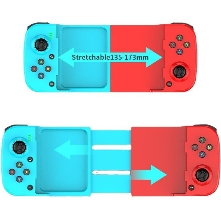 Griptrek – Blue and red controller shown stretched and retracted, with arrows marking a 135-173mm adjustable width