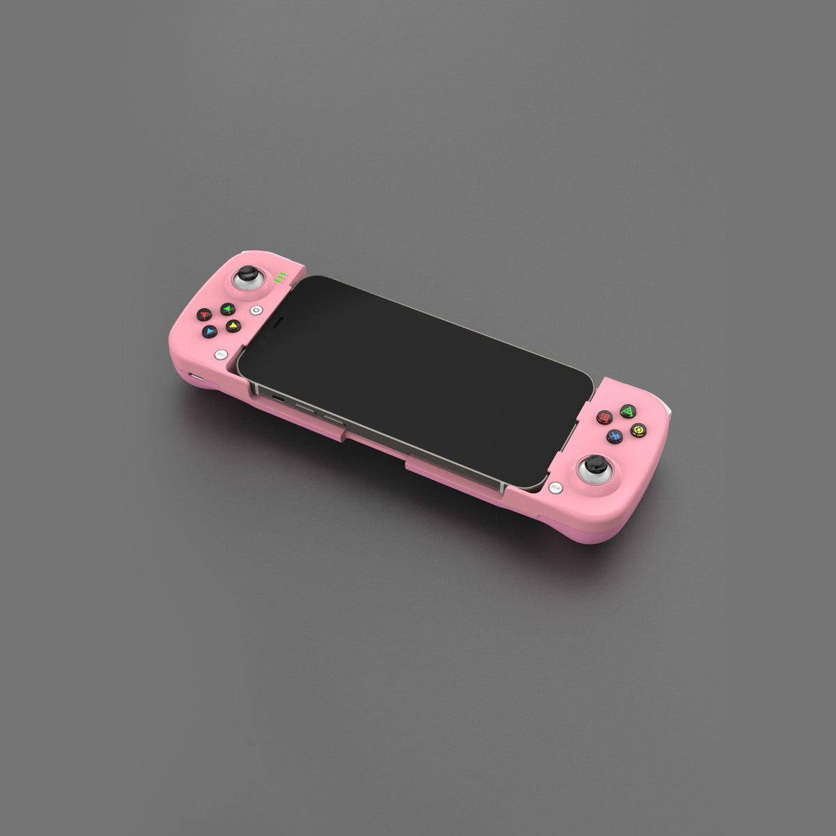 Griptrek – Pink controller holding a black smartphone, angled view on a grey background