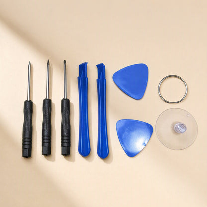 Bitfix – Three black-handled screwdrivers, two blue pry tools, two picks and a suction cup with ring