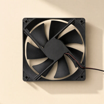 Breezeball 12cm Cooling Fan – front view of black seven-blade fan with red and black wire exiting the frame at the right edge