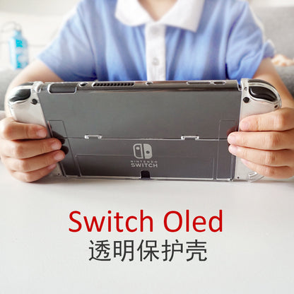 Frameclad – Child holding a Switch OLED console in a clear case, with red and Chinese text caption below