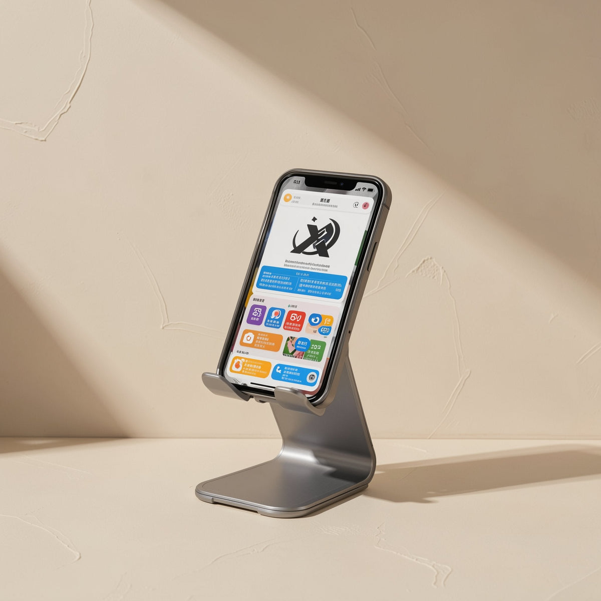 Metalrest – Silver aluminum desk stand holding a smartphone upright, screen showing app icons, against a textured wall