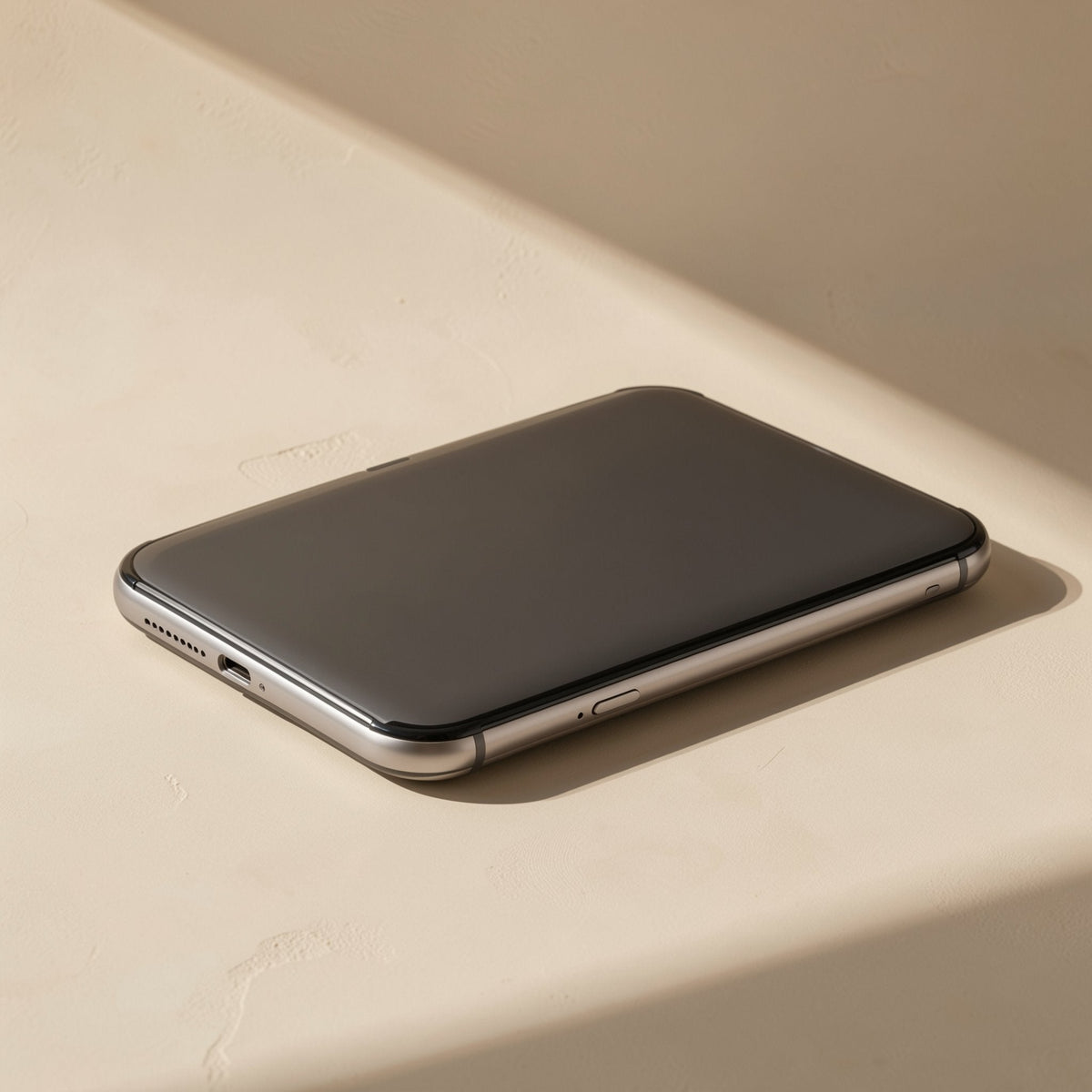 Dark smartphone lying flat on a beige surface in angled sunlight, shown with the Typehub card reader