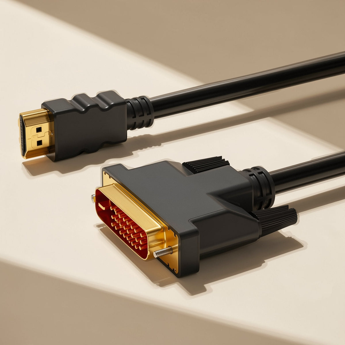 Viewlink HDMI to DVI cable with gold-plated HDMI and DVI connectors angled on a cream surface