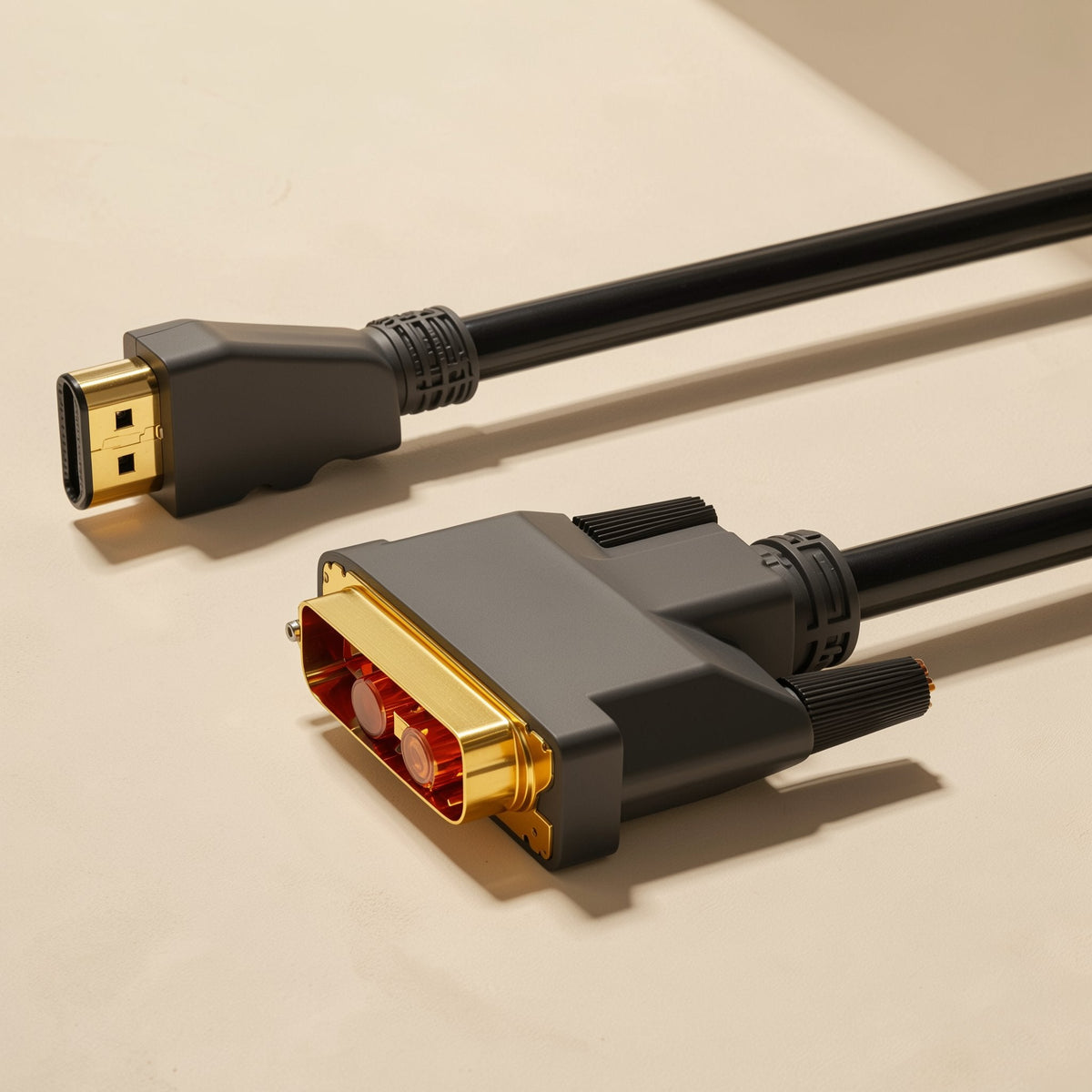Viewlink HDMI to DVI Cable – HDMI plug and DVI connector with red-tinted insert side by side, shown from the front