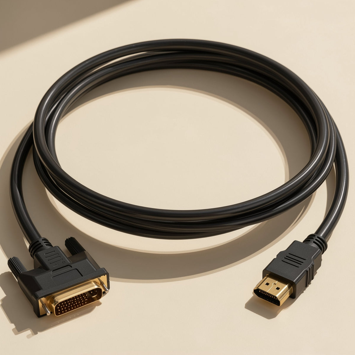Viewlink HDMI to DVI Cable – black cable coiled in a loop on a beige surface, DVI connector at left and HDMI plug at right