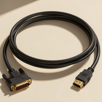 Viewlink HDMI to DVI Cable – black cable coiled in a loop on a beige surface, DVI connector at left and HDMI plug at right