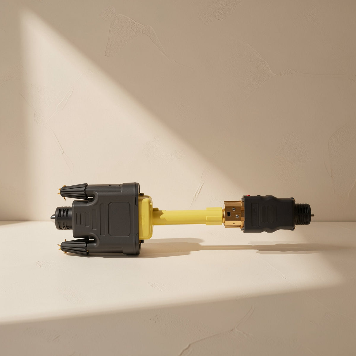 Viewlink – Cable lying straight with a yellow section between the black DVI end and the HDMI end, against a plaster wall