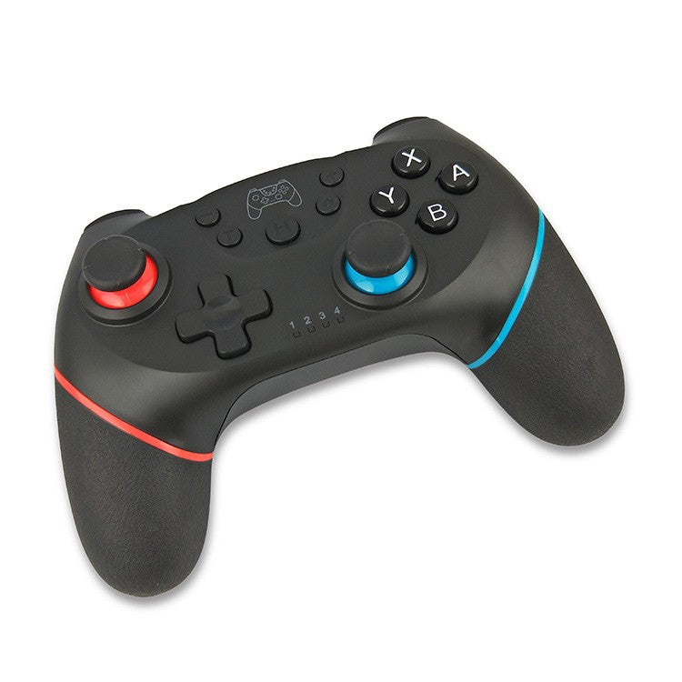 Wakebyte – Black controller with red left stick, blue right stick and red and blue grip stripes, shown at an angle