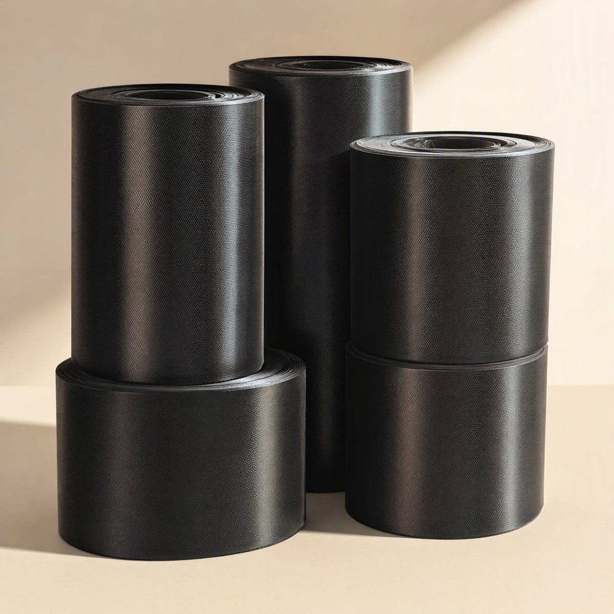 Dustveil Computer Case Dust Net rolls in black, stacked in two tall columns on a beige background