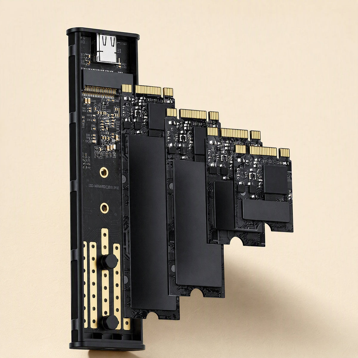 Alloydock – Open enclosure interior with four M.2 SSD sizes lined up beside the circuit board and USB-C port