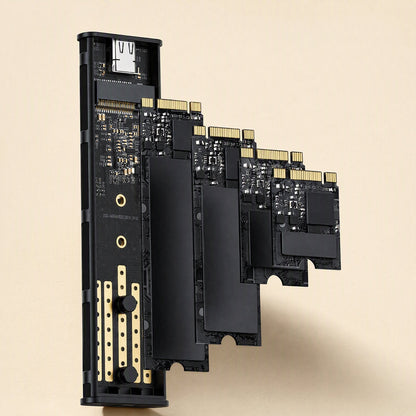 Alloydock – Open enclosure interior with four M.2 SSD sizes lined up beside the circuit board and USB-C port
