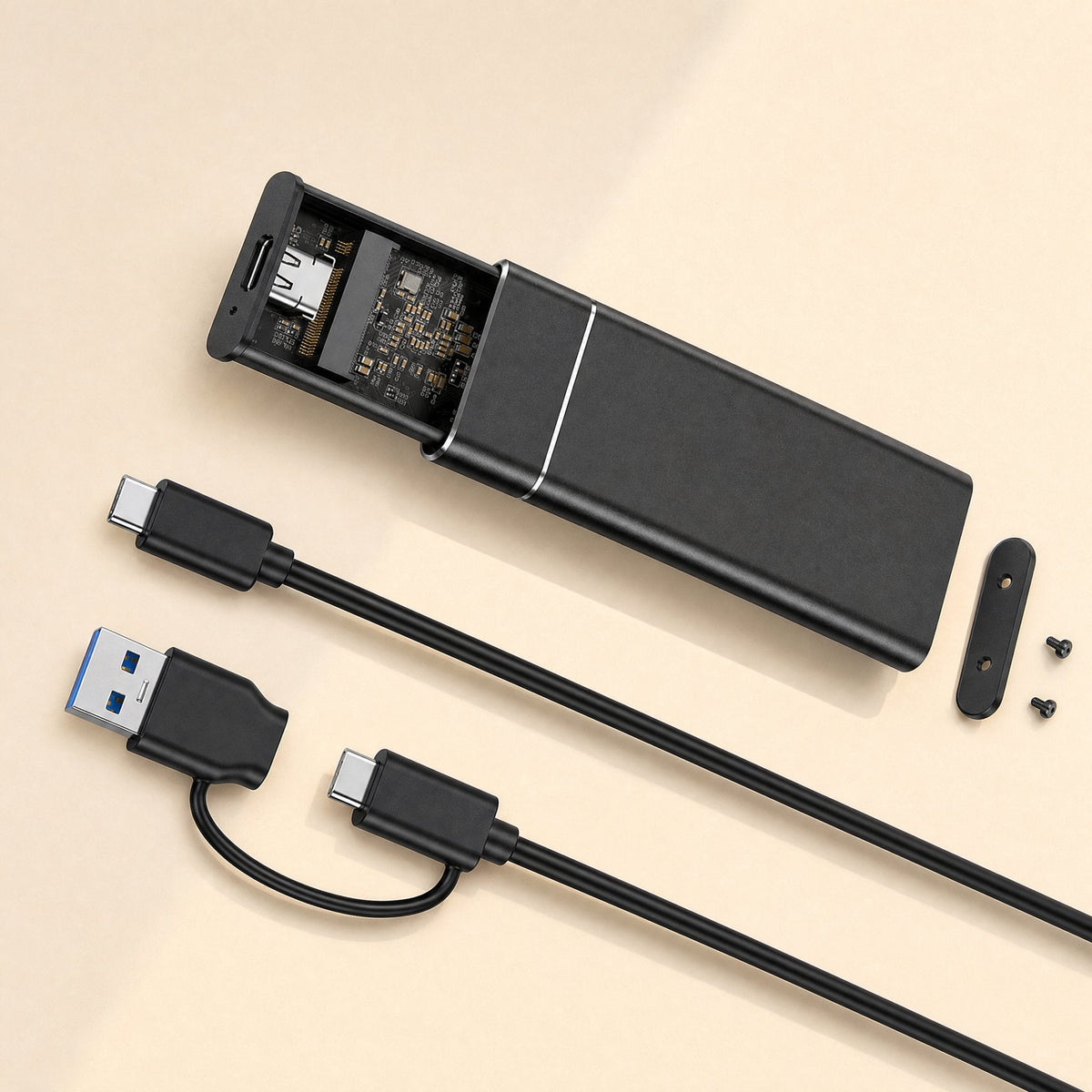 Alloydock M.2 SSD Enclosure – opened black enclosure with USB-C cable, USB-A adapter cable, end cap and two screws laid out